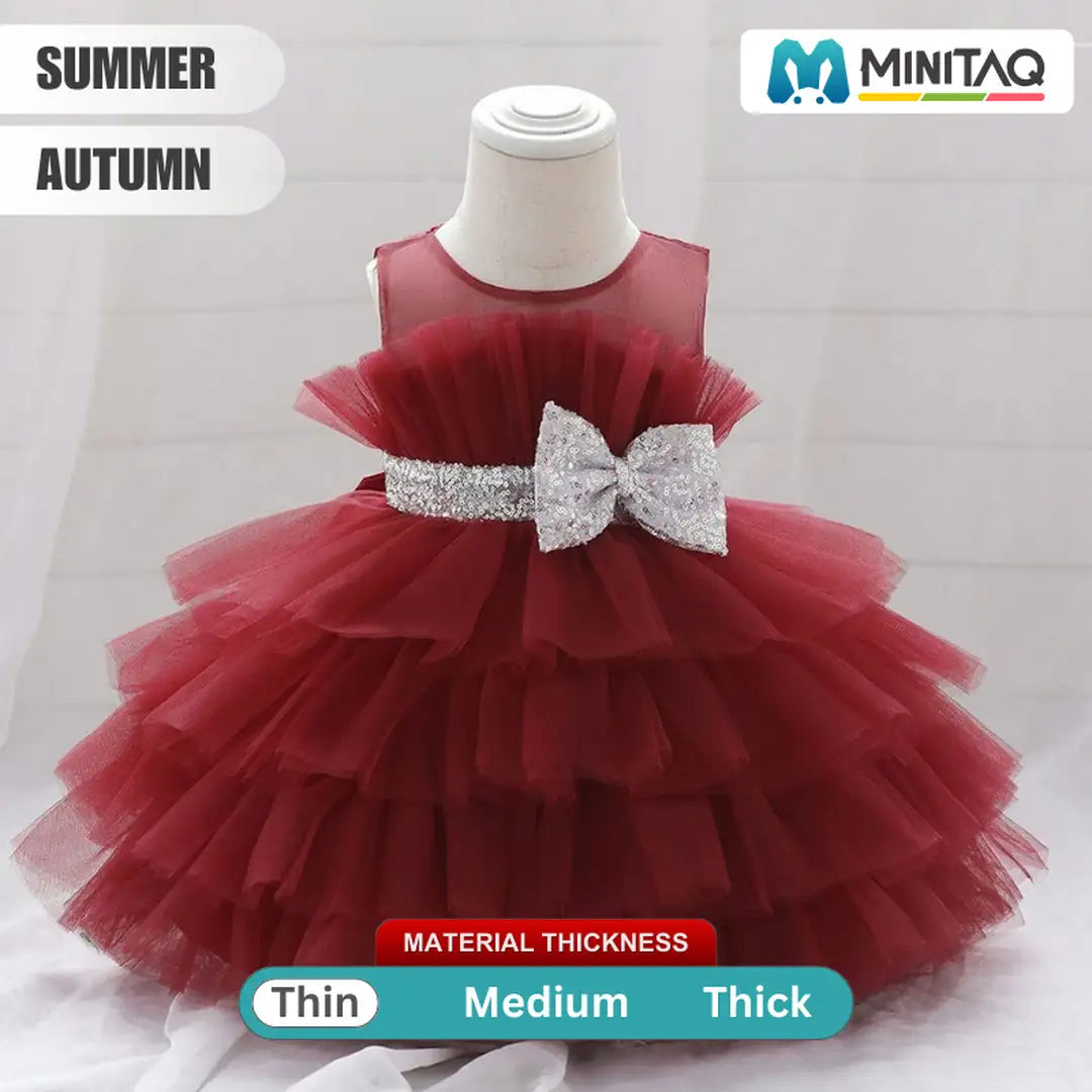 Red Tulle Style With Sequin Bow Frock 2 - Minitaq baby kids clothes dress