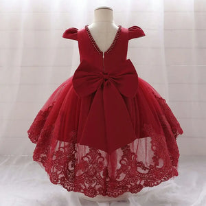 Red Embroided Pearl Neck Tailed Frock 9 - Minitaq baby kids clothes dress