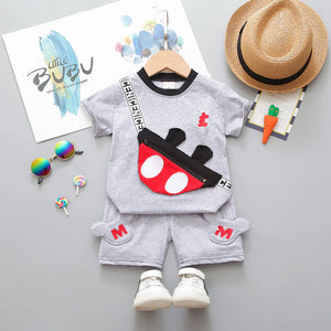 Adorable Grey T Shirt N Shorts Set with Playful Cartoon Bag Design 1 - Minitaq baby kids clothes dress