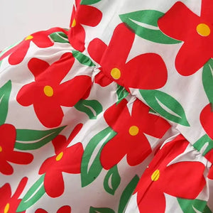 Elegant Red Flowers Printed Dress with White Hat
