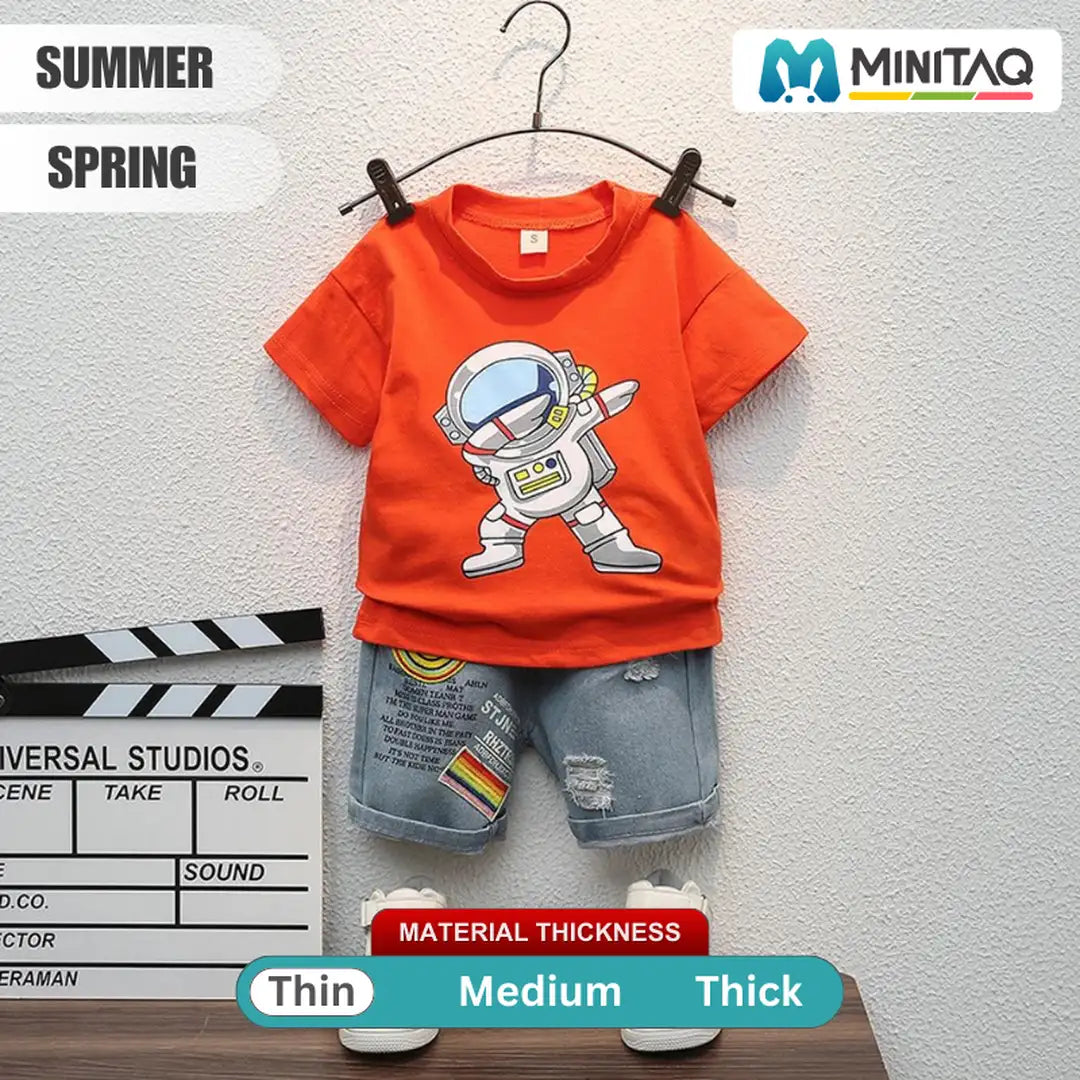 Fun With Astronaut Orange Shirt With Jeans Shorts 2 - Minitaq baby kids clothes dress