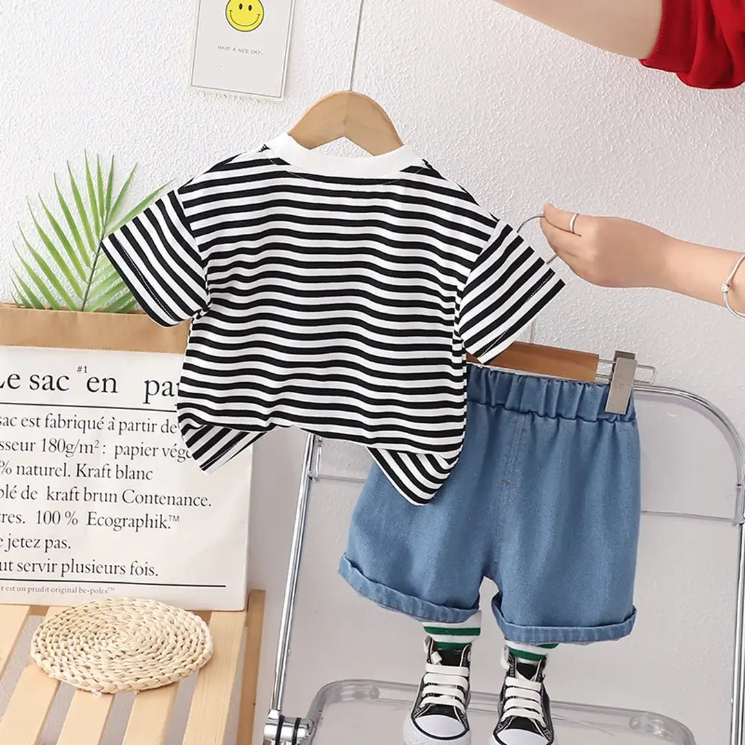 Black Lines Stylish Casual T-Shirt With Blue Jeans Shorts 10 - Minitaq baby kids clothes dress