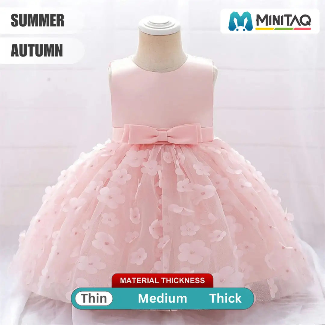 Peach Pink Net Flowers And Bow Lace Frock 2 - Minitaq baby kids clothes dress