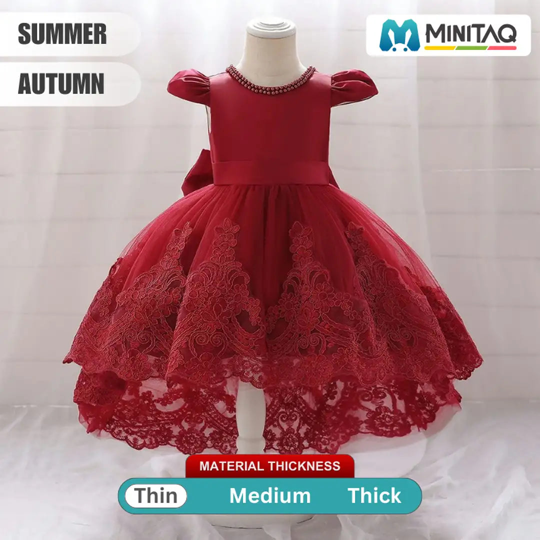 Red Embroided Pearl Neck Tailed Frock 2 - Minitaq baby kids clothes dress