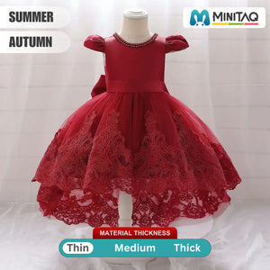 Red Embroided Pearl Neck Tailed Frock 2 - Minitaq baby kids clothes dress