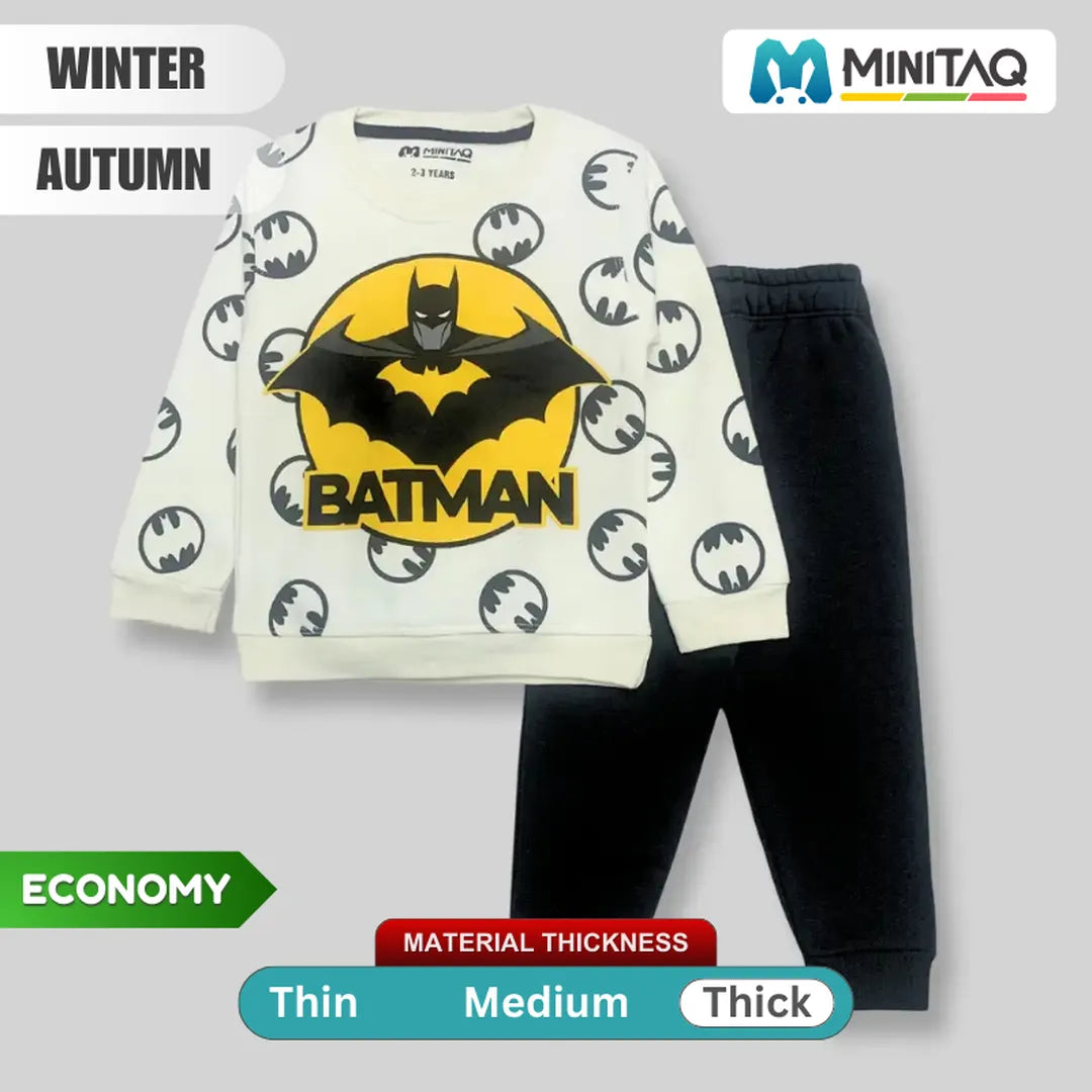 Batman Design Off White Shirt & Dark Grey Pant - Winter 2 Pcs Set 1 - Minitaq baby kids clothes dress