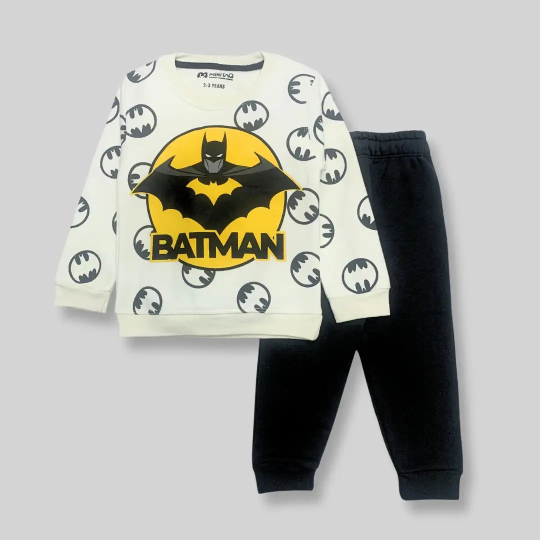 Batman Design Off White Shirt & Dark Grey Pant - Winter 2 Pcs Set 1 - Minitaq baby kids clothes dress