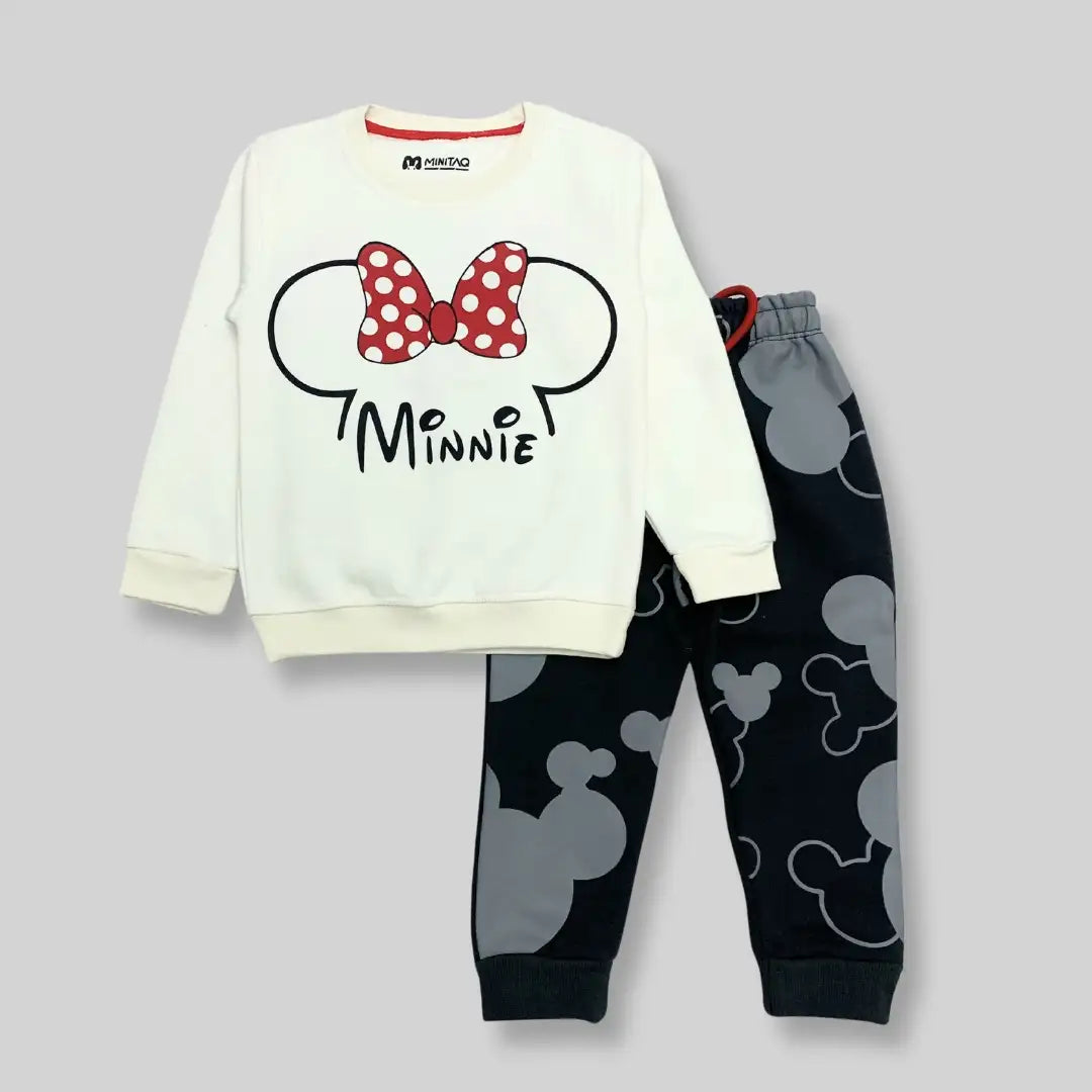 Minnie Mouse Off White Shirt & Dark Grey Pant - Winter 2 Pcs Set 1 - Minitaq baby kids clothes dress