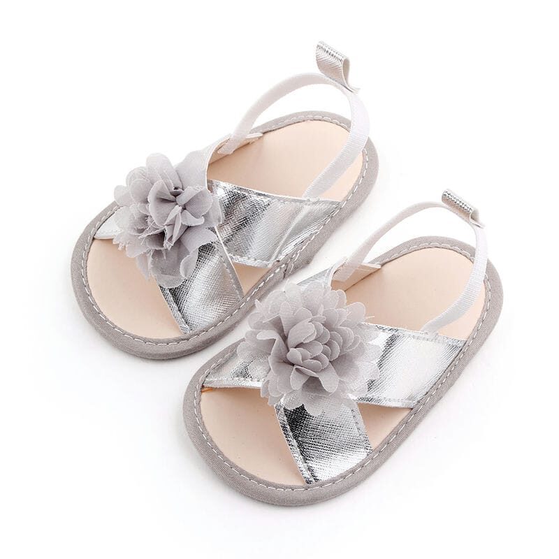 Silver Baby Sandal Shoes With Top Gray Flower
