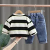 Black N White Jumper With Inner T-Shirt And Jeans 3pc Set
