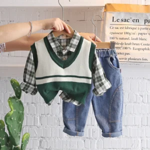 Green Checkered Full Sleeve Shirt With Vest N Pants 3pc Set
