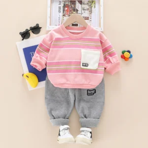 Casual Pink Sweatshirt Top With Gray Pants For Kids
