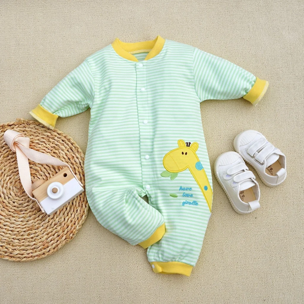 Green Lines With Yellow Giraffe Baby Romper
