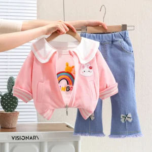 Pink Jumpsuit With T-Shirt And Jeans Denim For Baby Girls