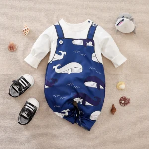 Blue Ocean Whale Dungaree Style Baby Romper
