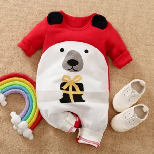 White Bear With Gift On Red Baby Romper