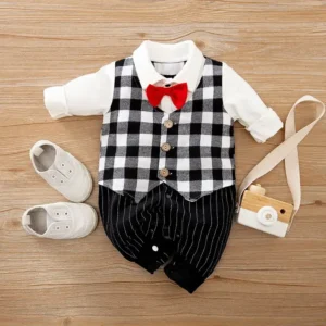 Formal Boy Checkered Wastcoat Romper With Red Bow