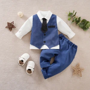 Formal Blue And White 2pc Baby Dress With Black Tie