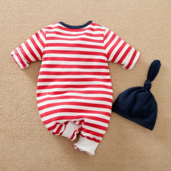 Penguin Red Lines Casual Baby Romper With Cap