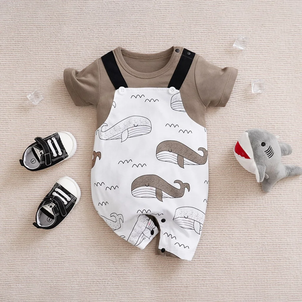 The Ocean Whales Brown White Dungaree Cotton Romper