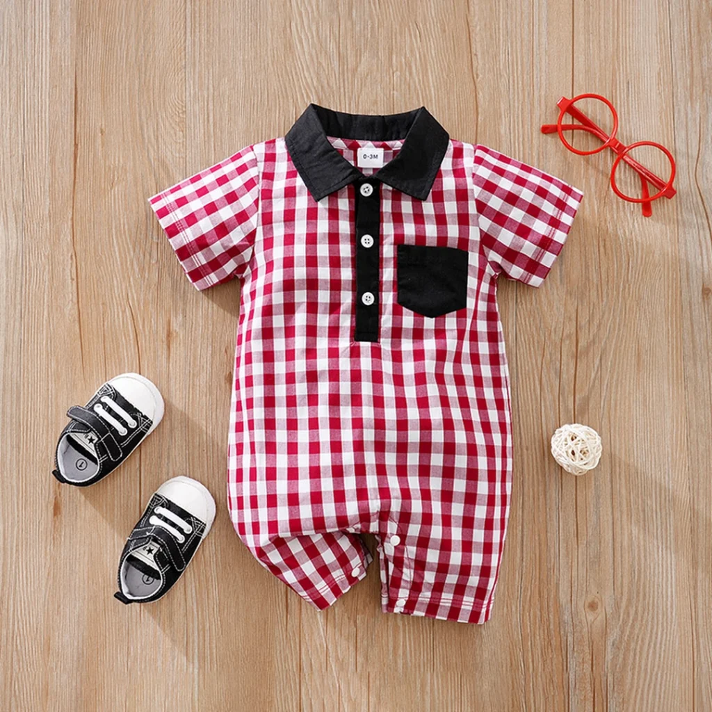 Red Gingham Pattern Baby Cotton Romper