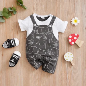 Casual Dungaree Style With Elephant Patten Cotton Romper